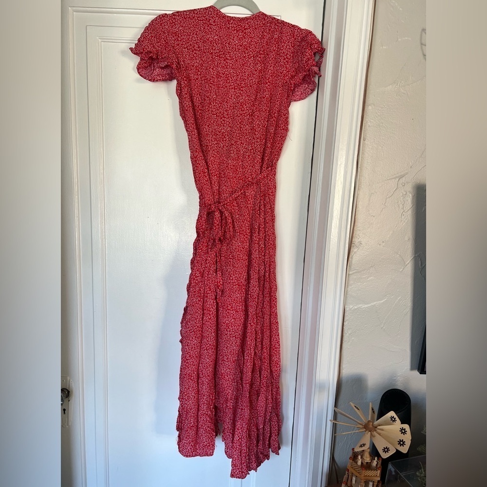 Red Floral Wrap Midi Dress Cottagecore Ruffle Sleeve Summer Size L/ M - Picture 7 of 10